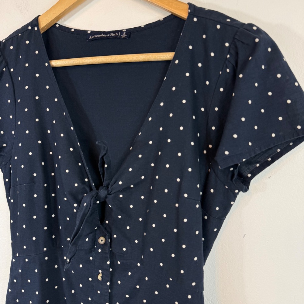 Abercrombie & Fitch Polka Dot Mini Dress S Tie Front Button Cotton Pockets Retro - Picture 4 of 14